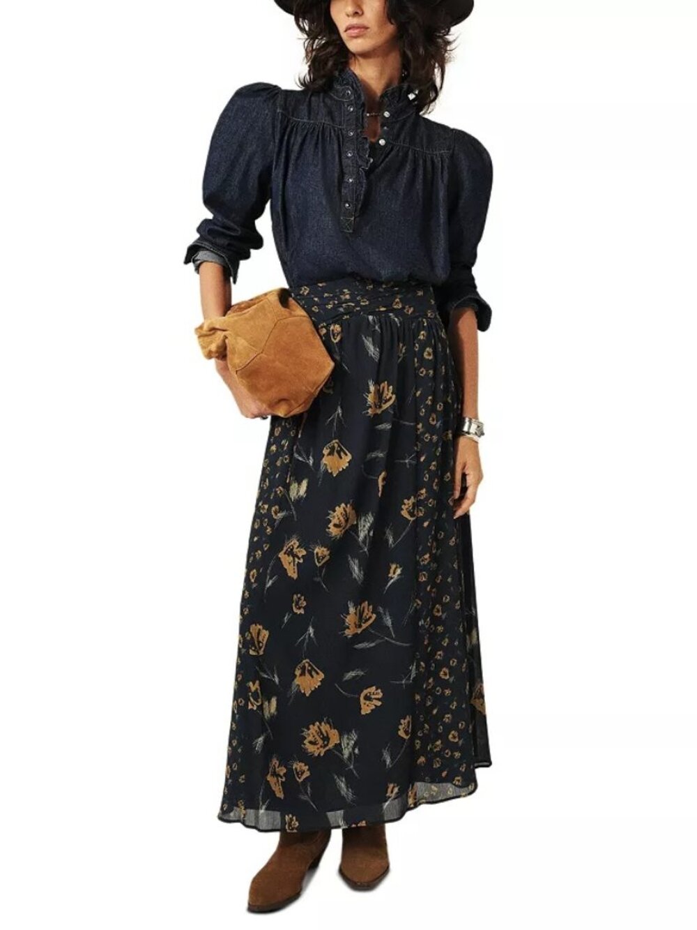 BA&SH NWT 'Findy' Floral  Boho Maxi Navy Yellow Skirt EU 34 US 2